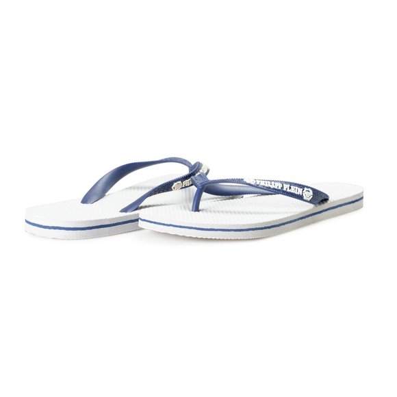 Philipp Plein White/Navy Blue Rubber Logo Print Flip Flops Shoes main image 7